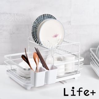 【Life+】日式簡約 雙層多功能碗盤餐具瀝水架/收納架/置物架/瀝水籃 附排水導管