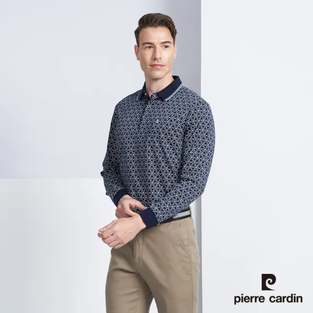 【pierre cardin 皮爾卡登】商務休閒 印花長袖POLO衫-丈青色(5225261-38)