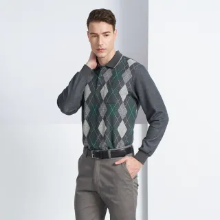 【pierre cardin 皮爾卡登】休閒服飾 蓄熱保暖菱形格厚長袖POLO衫-灰綠色(5225276-48)