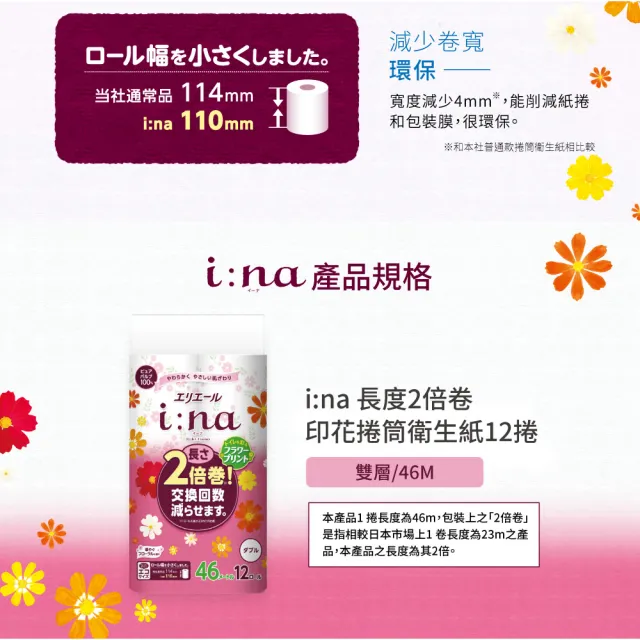 【日本大王】elleair i:na2倍印花捲筒衛生紙12捲入_雙層46M(花香)