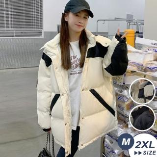 【LANNI 藍尼】★撞色立領中長版加厚寬鬆羽絨連帽外套▼(連帽外套/羽絨外套/立領/撞色)