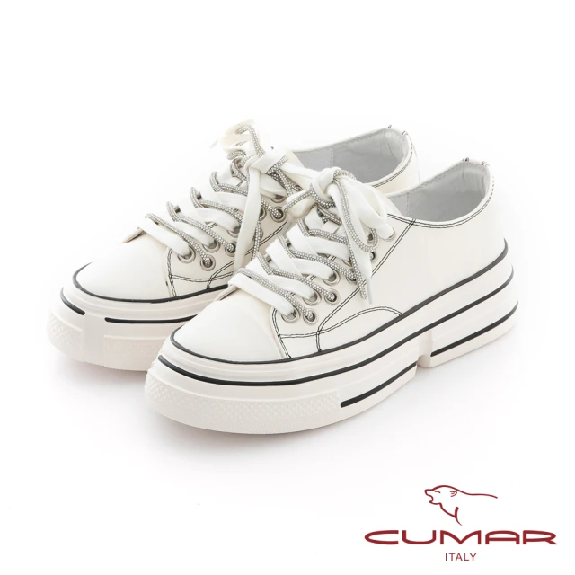 【CUMAR】雙鞋帶結構後底休閒小白鞋(白色)