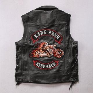 【巴黎精品】現貨+預購 真皮皮衣牛皮背心(火焰騎士刺繡馬甲男外套p1ay60)