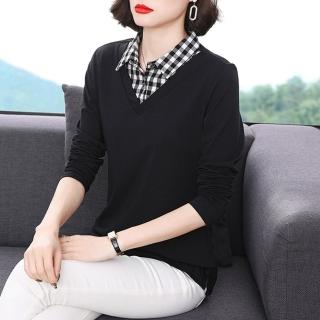 【Paiya 派亞】新款POLO領中年媽媽裝假兩件寬鬆長袖襯衫(M-4XL)