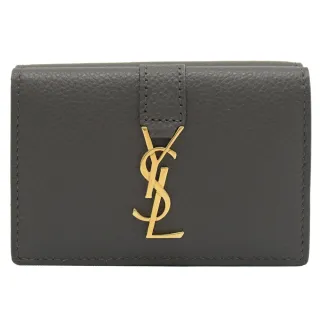 【YSL】品牌金屬YSL字母LOGO小牛皮雙面三折零錢短夾(深灰)