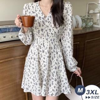 【LANNI 藍尼】現貨 法式優雅碎花V領印花長袖連身過膝裙(長袖連身裙/V領/印花/碎花/售完不補)