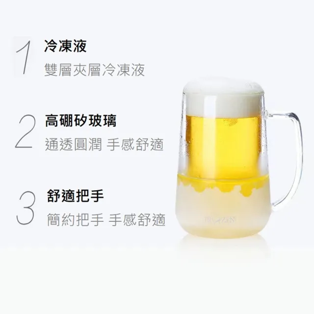 【KOTI 日安生活】內含冷凍液把手雙層玻璃杯冰凍杯(480ml啤酒杯咖啡杯保冷杯製冷杯單耳有柄耐熱耐冷)