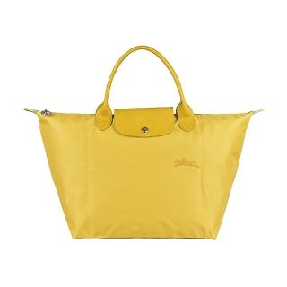 【LONGCHAMP】LONGCHAMP Le Pliage Green系列刺繡LOGO再生尼龍拉鍊手提包(粉黃)