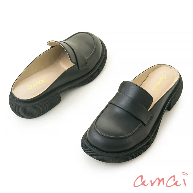 【amai】大圓頭低跟穆勒鞋 樂福鞋 厚底鞋 休閒鞋 低跟鞋 懶人鞋 半拖鞋 大尺碼 ML-1BK(黑色)