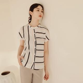 【OB 嚴選】OL小立領不對稱條紋開襟短袖上衣/襯衫 《AB17144》