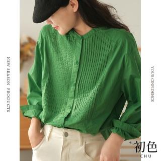 【初色】圓領褶皺直筒長袖上衣女上衣-共3色-63755(M-2XL可選)