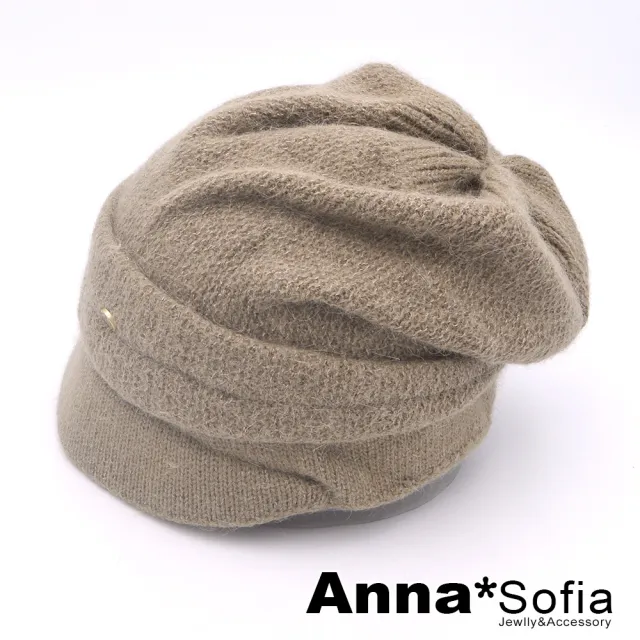 【AnnaSofia】雙層保暖毛帽貝蕾帽-抓皺兔毛混絲小M圓 現貨(卡其駝系)