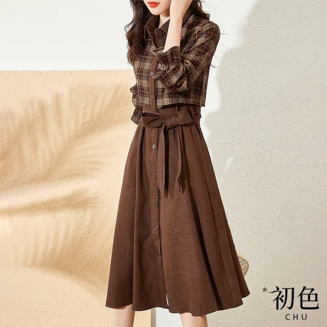 【初色】格紋拼接收腰連身連衣裙洋裝-咖色-63679(M-2XL可選)