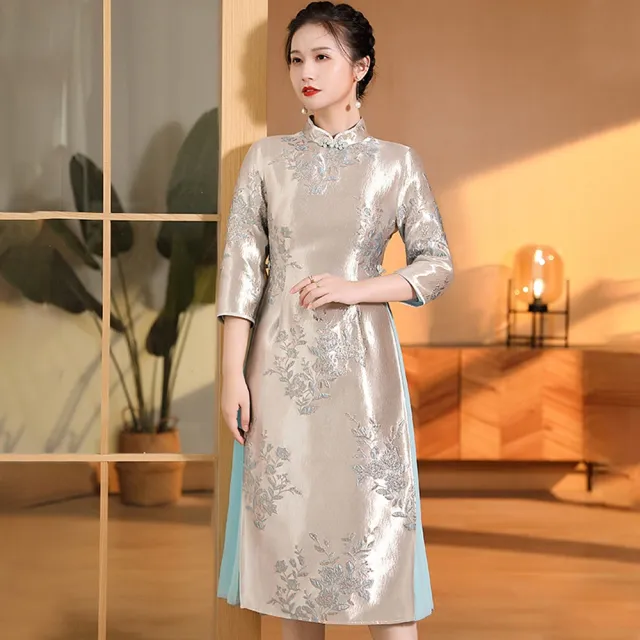 【巴黎精品】現貨+預購 女新中式旗袍連身裙改良旗袍A字裙長裙大碼洋裝休閒大尺碼女裝(刺繡大擺2色p1bf11)