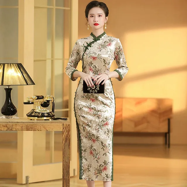 【巴黎精品】現貨+預購 女新中式旗袍連身裙改良旗袍A字裙長裙大碼洋裝休閒大尺碼女裝(百合印花絲絨p1bf23)
