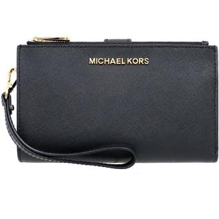 【Michael Kors】JET SET TRAVEL黑色十字紋防刮皮革雙層手掛式手拿手機套中夾