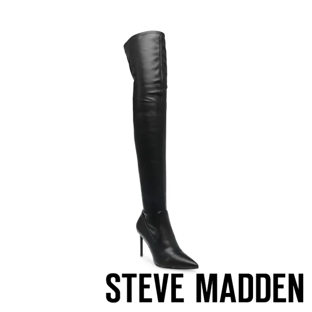 【STEVE MADDEN】LATE NIGHT 皮革尖頭細跟過膝靴(黑色)