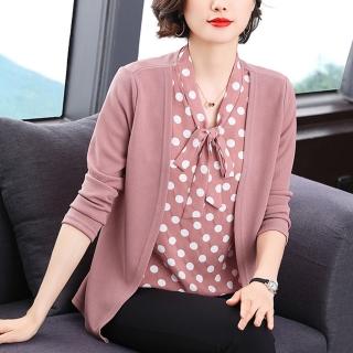 【Paiya 派亞】假兩件針織外套波點長袖T恤女上衣(M-4XL大碼遮肚媽媽裝)