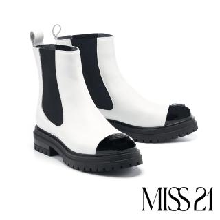 【MISS 21】暗黑叛逆個性撞色異材質拼接牛皮切爾西短靴(白)
