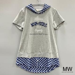 【MAGIQUE WARDROBE】假兩件連帽貼布拼接格紋短袖上衣(2色)