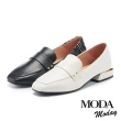 【MODA Moday】復古輕奢毛呢拼接牛皮方頭樂福低跟鞋(白)
