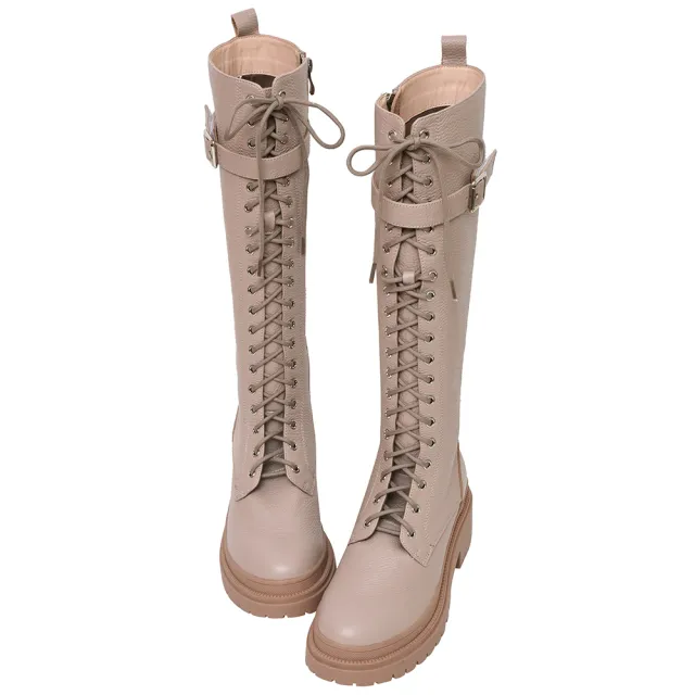 【Ann’S】打造漫畫腿-全綁帶造型頂級荔枝牛皮可拆釦帶輕量厚底長靴4.5cm(粉杏)