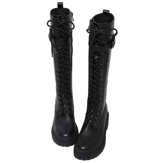 【Ann’S】打造漫畫腿-全綁帶造型頂級荔枝牛皮可拆釦帶輕量厚底長靴4.5cm(黑)