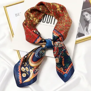 【AnnaSofia】100%桑蠶絲真絲絲巾領巾圍巾-方型 亮緞面(菩樹梵輪-藍框系)