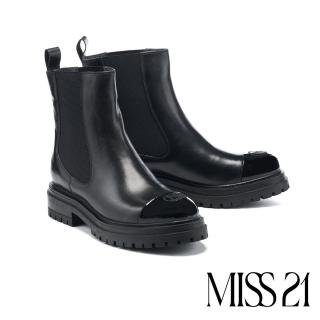 【MISS 21】暗黑叛逆個性異材質拼接牛皮切爾西短靴(黑)