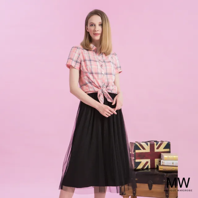 【MAGIQUE WARDROBE】格紋拚接網紗連身裙(2色)