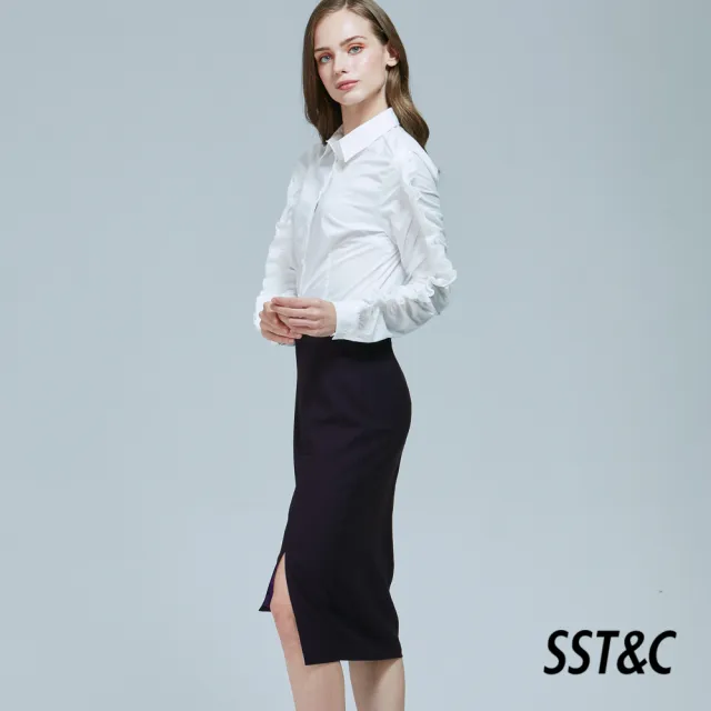 【SST&C 出清２折】暗紫色設計款開衩過膝窄裙7461809011