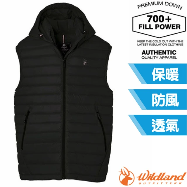 Wildland 荒野 男 700FP可回溯羽絨連帽保暖背心/可拆帽.防風透氣(0B02172-54 黑色)