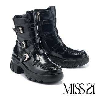 【MISS 21】荒野帥氣金屬條帶牛油皮厚底短靴(黑)