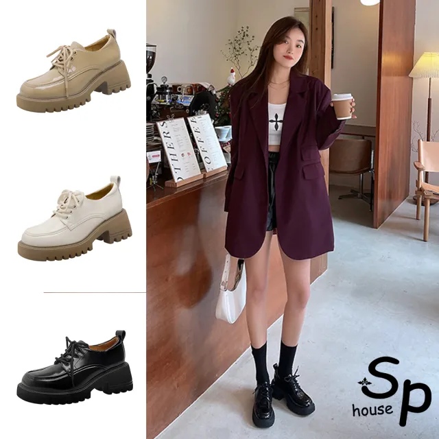 【Sp house】英倫學院真牛皮漆面粗跟樂福鞋(4色可選)