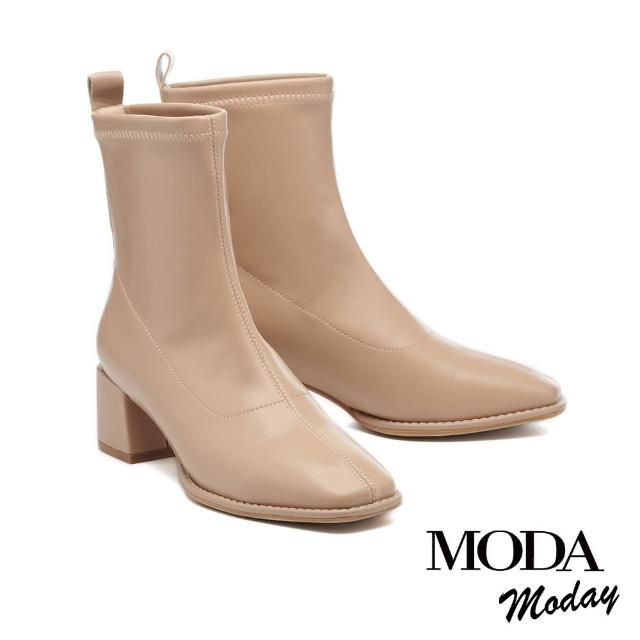 【MODA Moday】質感簡約彈力純色方頭高跟短靴(杏)