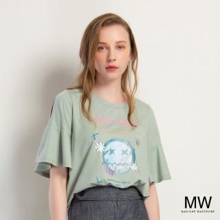 【MAGIQUE WARDROBE】圓領塗鴉印花荷葉袖上衣(2色)