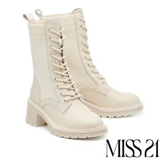 【MISS 21】荒野怪美異材質拼接綁帶牛皮粗高跟短靴(白)