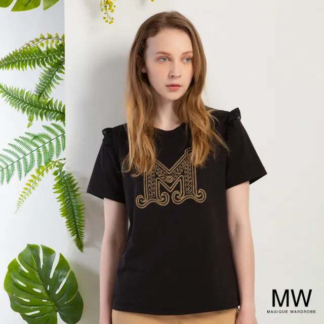 【MAGIQUE WARDROBE】M字刺繡拼接雪紡荷葉上衣(2色)