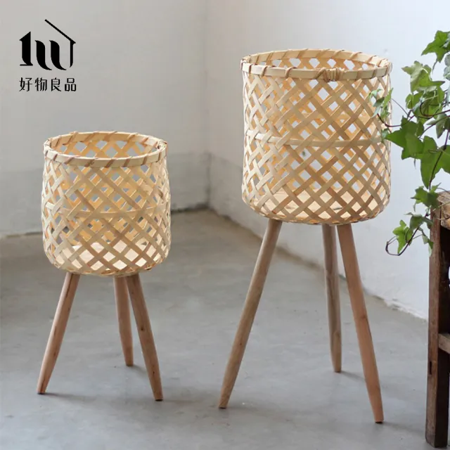 【好物良品】小款_北歐INS風手工藤編編織高架落地式植栽花籃置物籃(客廳裝飾籃 陽台庭院盆栽花架植栽架)
