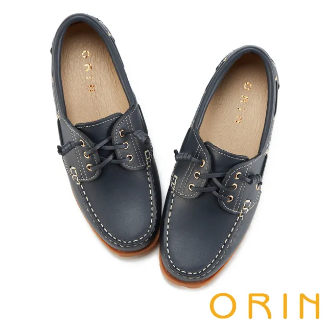 【ORIN】牛皮縫線綁帶厚底帆船鞋(藍色)