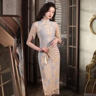 【米蘭精品】現貨+預購 連身裙改良式旗袍(拼接蕾絲珠珠流蘇女裙子2色74cn3)