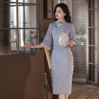 【米蘭精品】現貨+預購 連身裙改良式旗袍(五分袖提花蕾絲鑲邊女裙子3色74cn5)