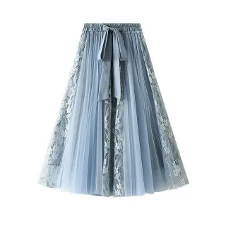 【CHACO】/預購/ 韓系甜美蝴蝶綁帶蕾絲網紗半身長裙#1815(單一尺碼)