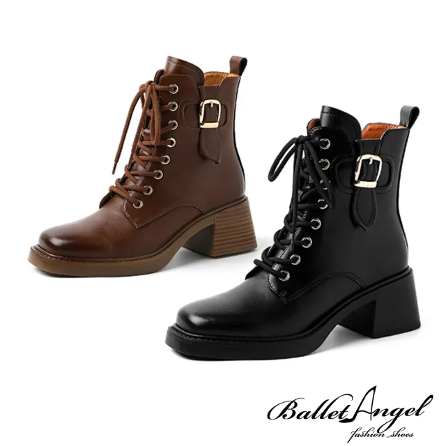 【BalletAngel】跟靴 質感魅力綁帶皮帶釦方頭馬汀靴(咖)