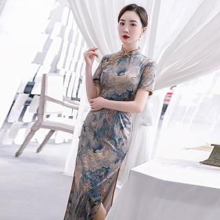 【米蘭精品】現貨+預購 連身裙改良式旗袍(燙金絲綢印花短袖女裙子74cn12)