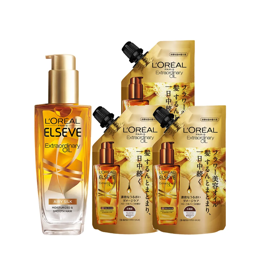 【LOREAL Paris 巴黎萊雅】全新升級 金緻護髮精油100ml+補充包90mlx3(NO.1髮油1+3組)