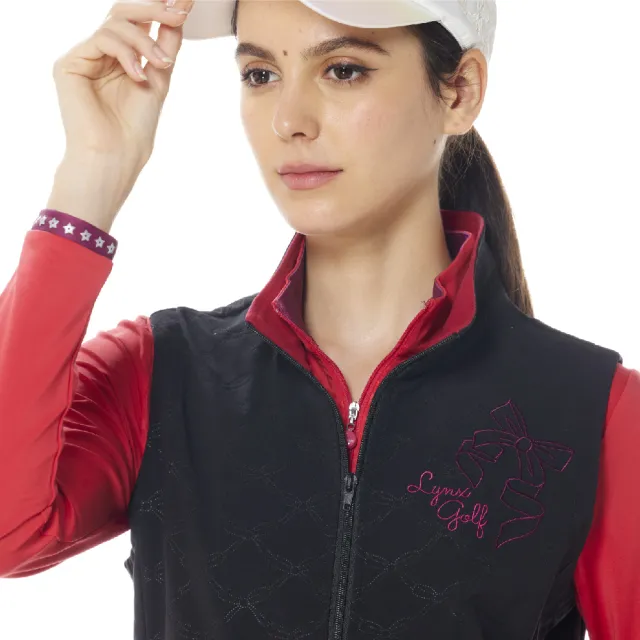 【Lynx Golf】女款防風防潑水保暖拉鍊口袋蝴蝶結繡花壓紋系列無袖背心(三色)