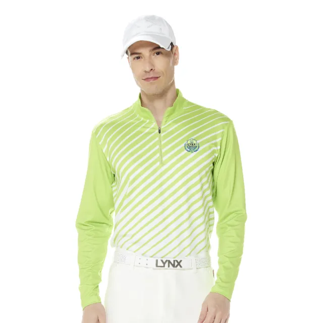 【Lynx Golf】男款吸濕排汗滿版流線造型後背剪接LOGO織帶長袖立領POLO衫(三色)