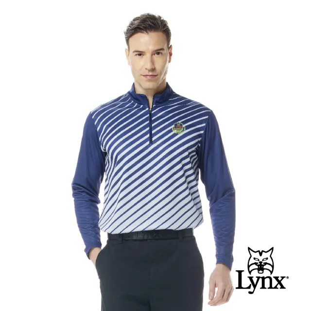 【Lynx Golf】男款吸濕排汗滿版流線造型後背剪接LOGO織帶長袖立領POLO衫(三色)