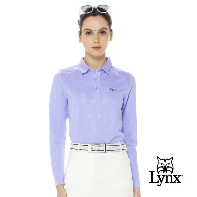 【Lynx Golf】女款吸汗速乾星芒緹花設計山貓星球印花長袖POLO衫/高爾夫球衫(二色)